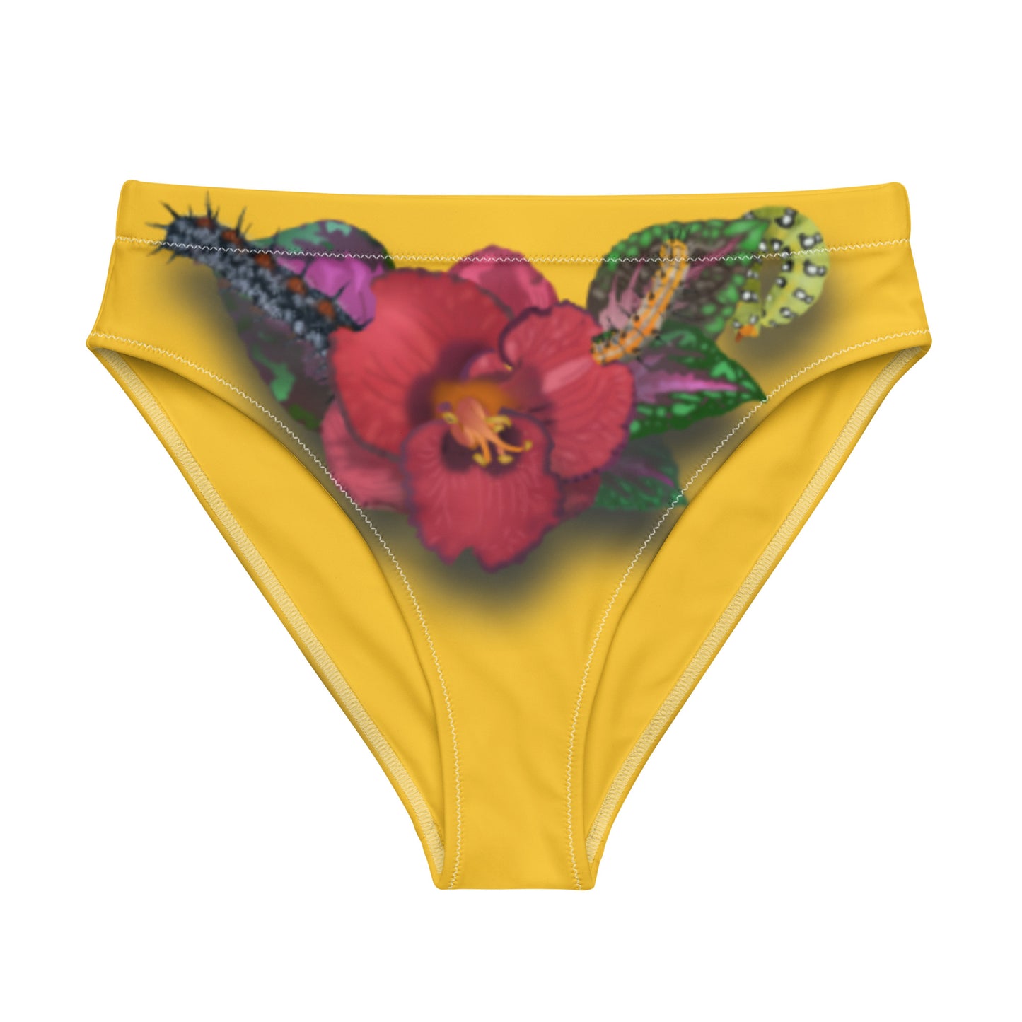 Yellow bikini bottom depicting a flower centered, surrounded in the background with begonias, and caterpillars following the path of the hips.