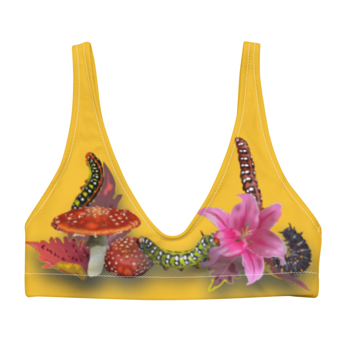 Yellow Bikini top showcasing a series of colorful caterpillars of different species, placed on top as if they crawl on her chest. Mushrooms, a flower, and leaves surround the breast area.