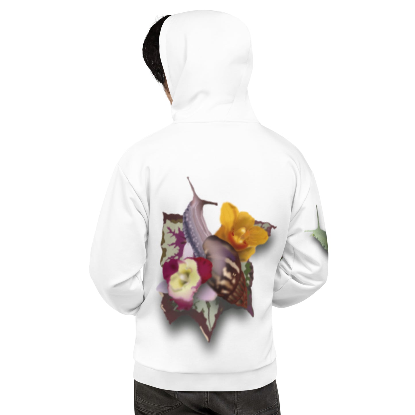 Snail with orchids and begonias, climbing it's way up the back of a white hoodie.